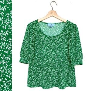 CeCe Blouse Floral Print Short Balloon Sleeve Round Neck Green Lightweig…